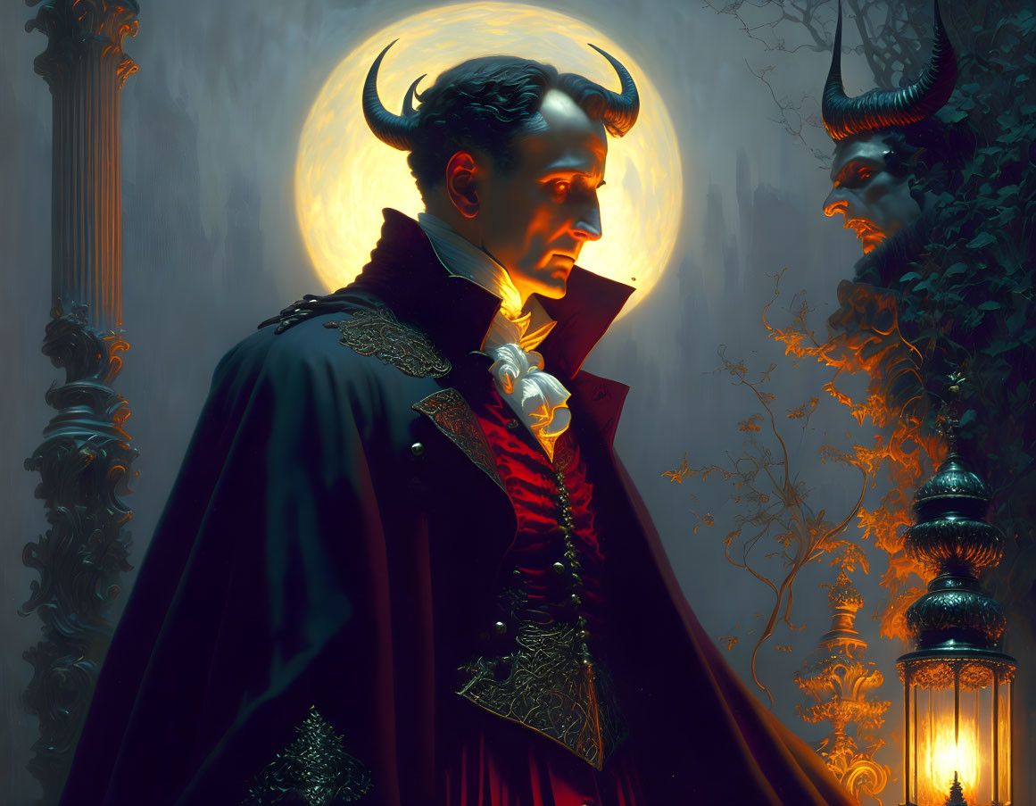 Gothic fantasy character portrait with horns in moonlit setting