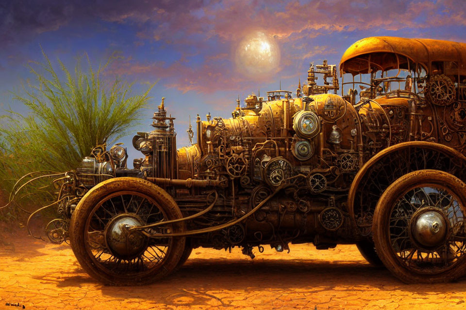 Detailed Steampunk Vehicle in Desert Landscape with Moon