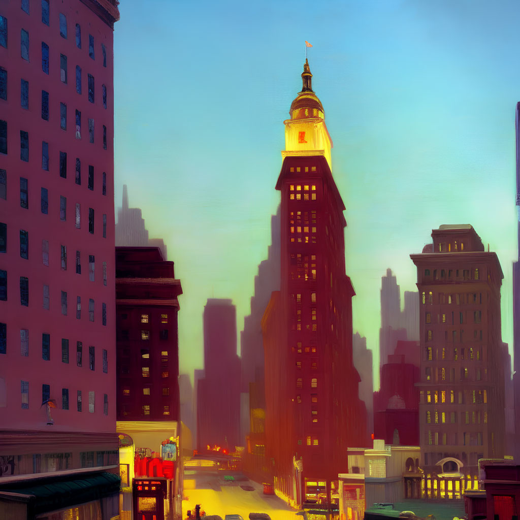 Cityscape at Dusk: Vintage Tower, Tall Buildings, Soft Lighting