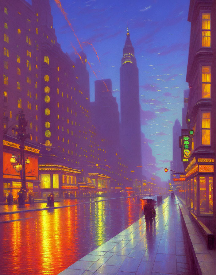 Cityscape at Dusk with Illuminated Buildings and Silhouette Walking
