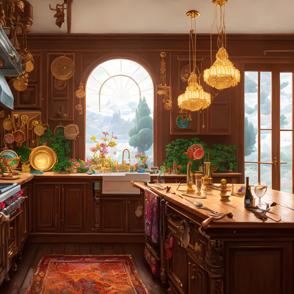 Traditional kitchen with wooden cabinets, rug, garden view, and crystal chandeliers