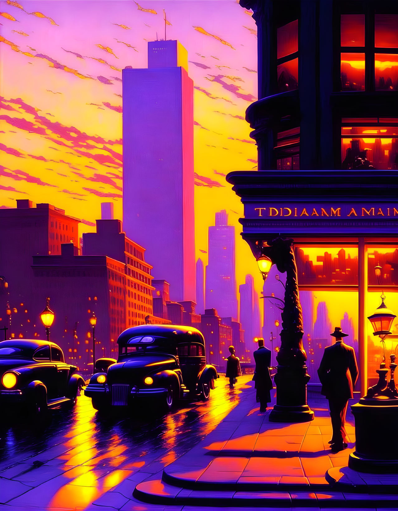 Cityscape with silhouettes, vintage cars, neon lights, purple and orange dusk sky