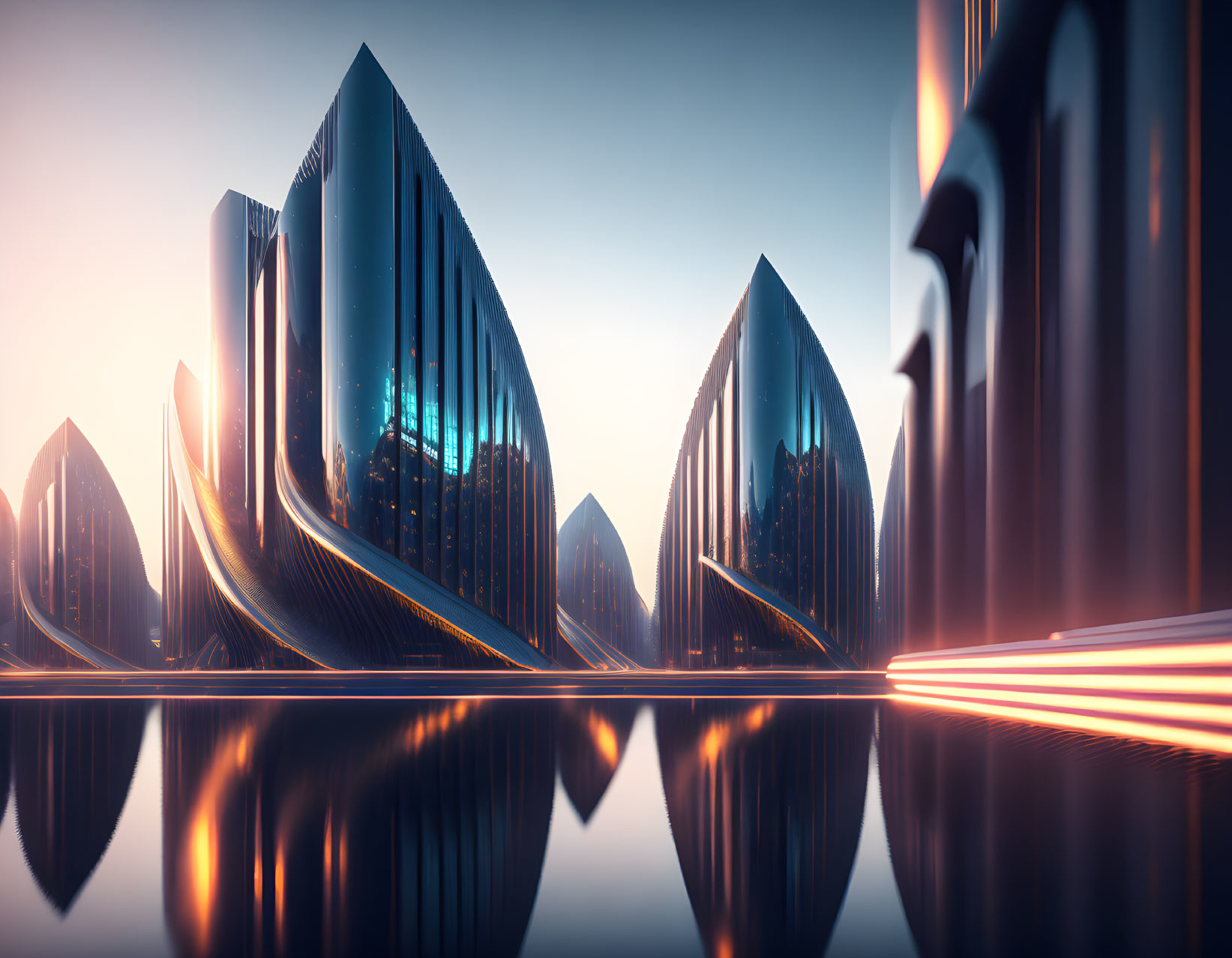 Sleek curved skyscrapers in futuristic cityscape at sunrise or sunset