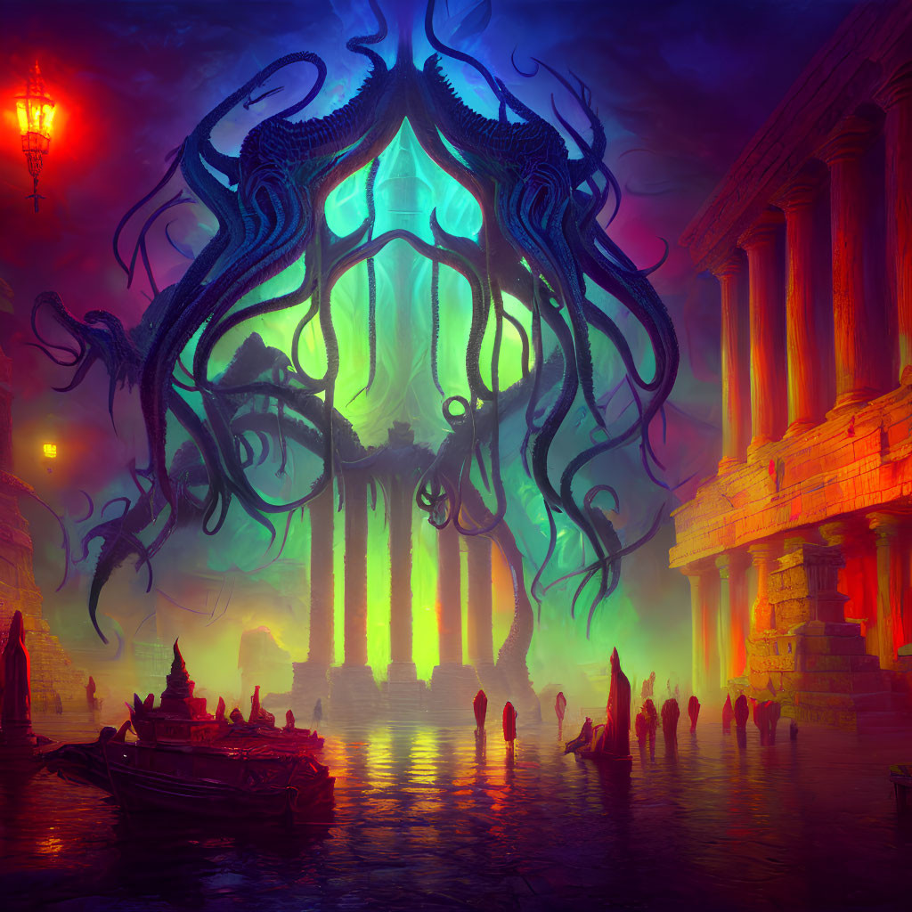 Gigantic tentacled entity in flooded ancient city under red sky