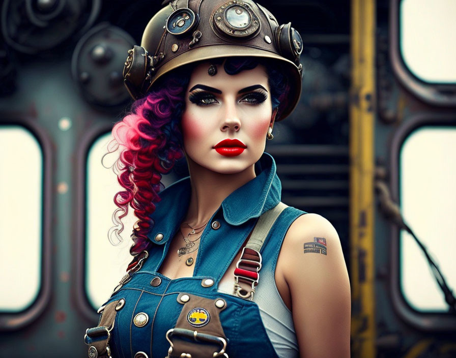 Vibrant pink and purple hair woman in steampunk attire with mechanical backdrop