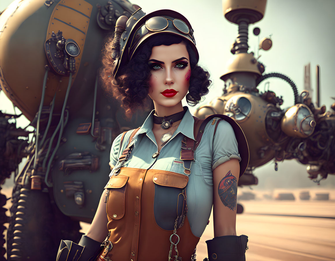 Stylized woman with retro pilot look in steampunk setting