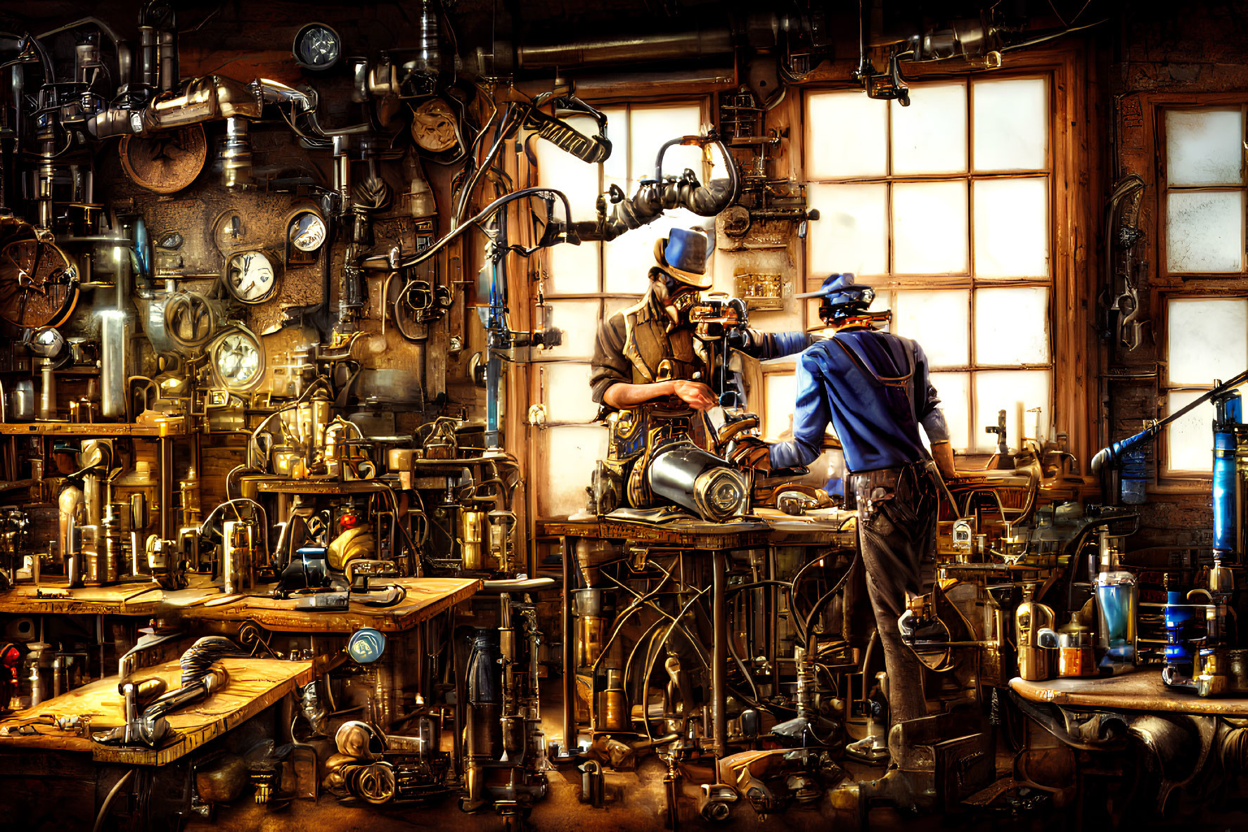 Vintage workshop scene with two people working on machinery