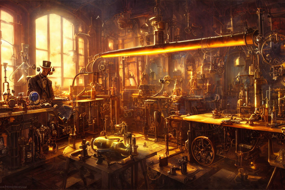 Dimly-lit steampunk workshop with individual in top hat examining device