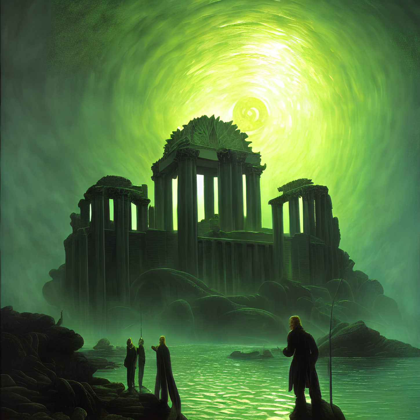 Three figures in front of ancient ruins under a swirling green sky