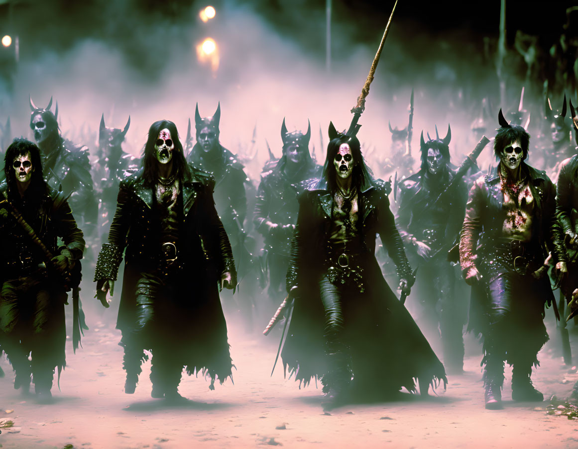 Elaborate demon costumes with horns and staves in foggy fantasy setting