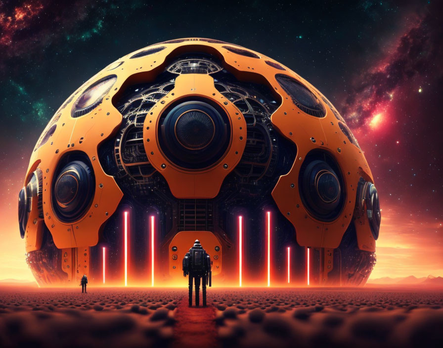 Futuristic spherical structure with orange lights under starry sky
