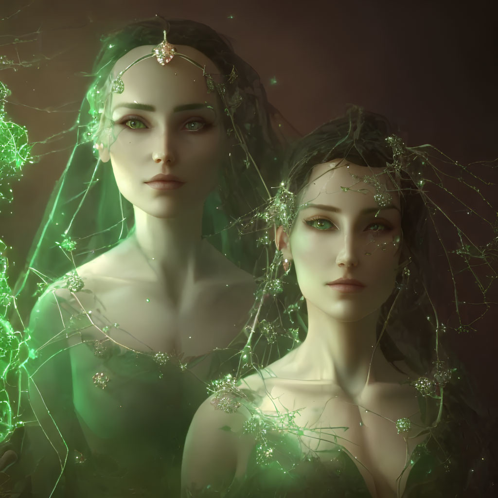 Ethereal women with green accents and vine-like crowns in ambient light