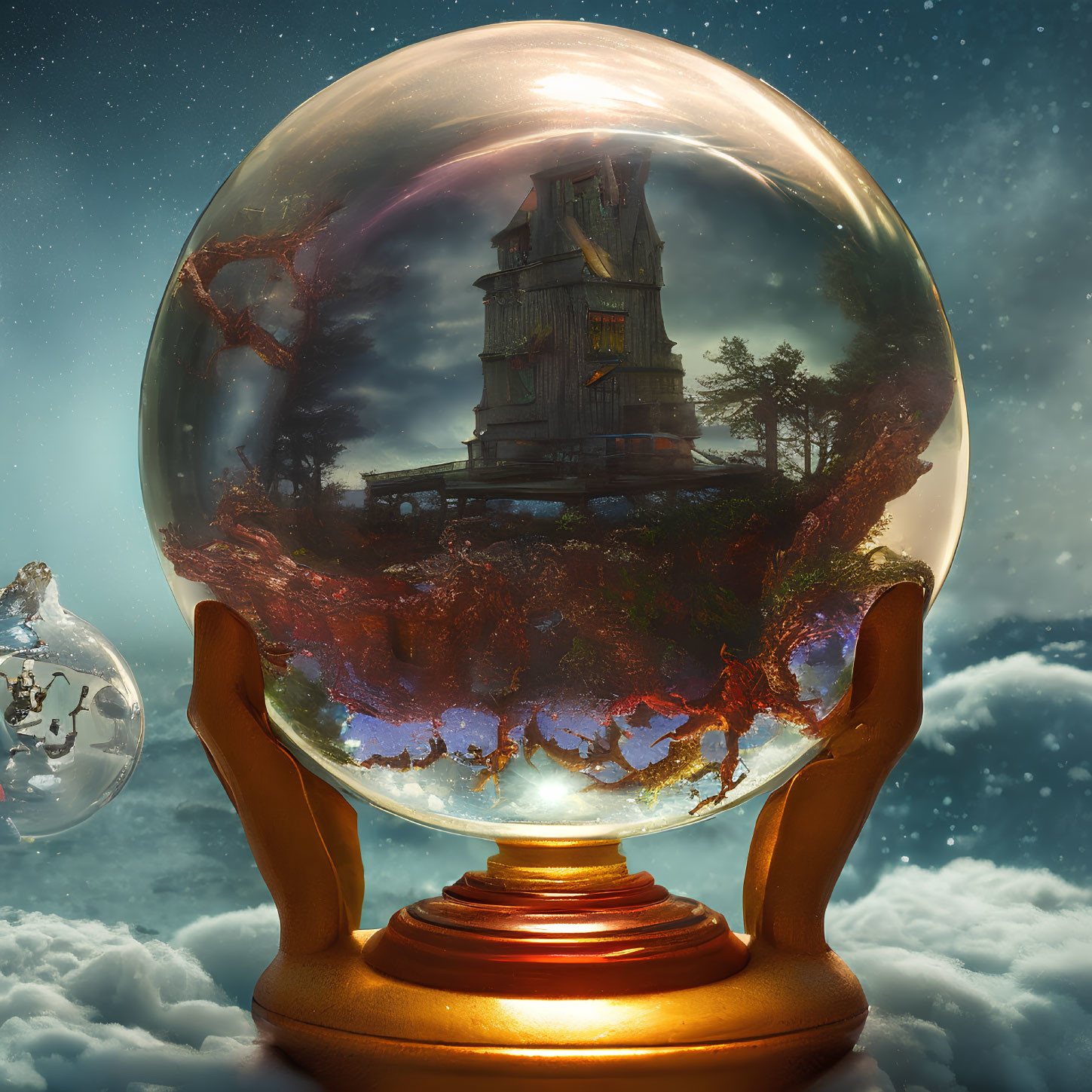 Vivid scene of mystical crystal ball with whimsical house and lush trees