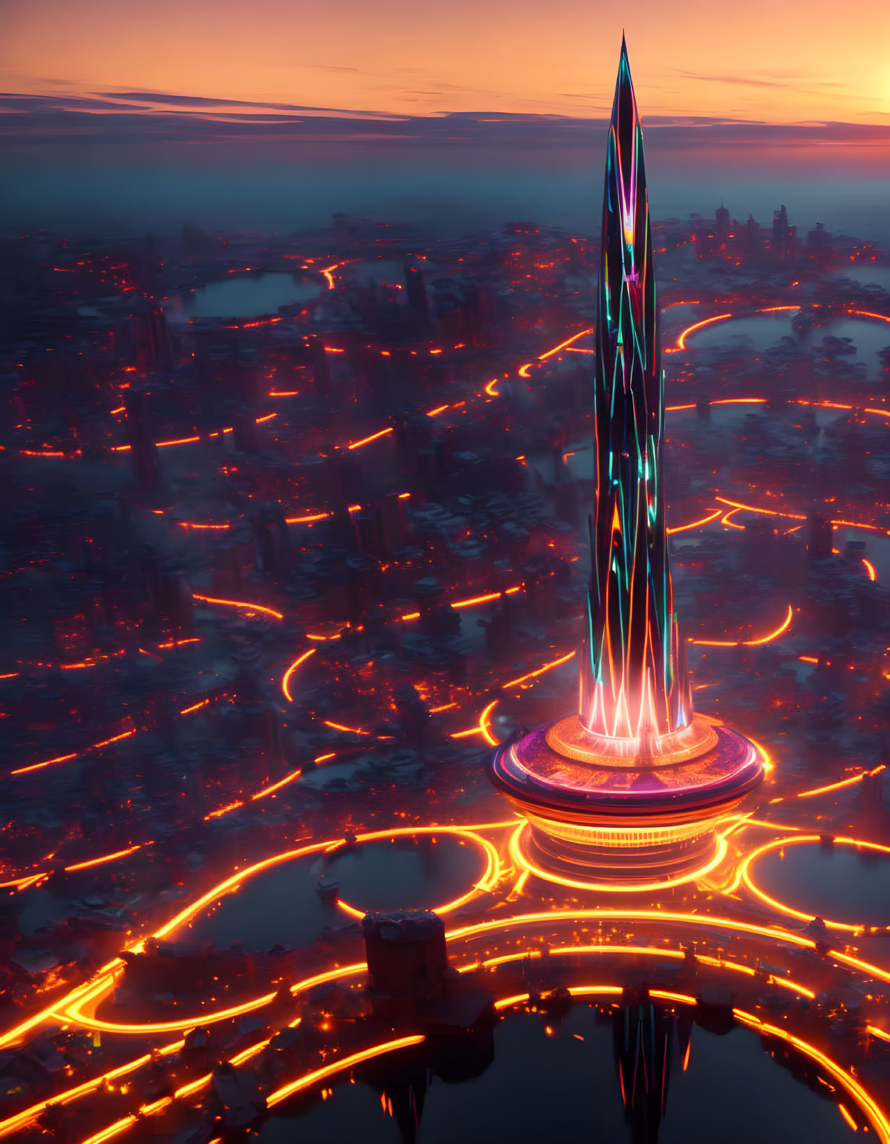 Futuristic skyscraper with neon accents in twilight cityscape