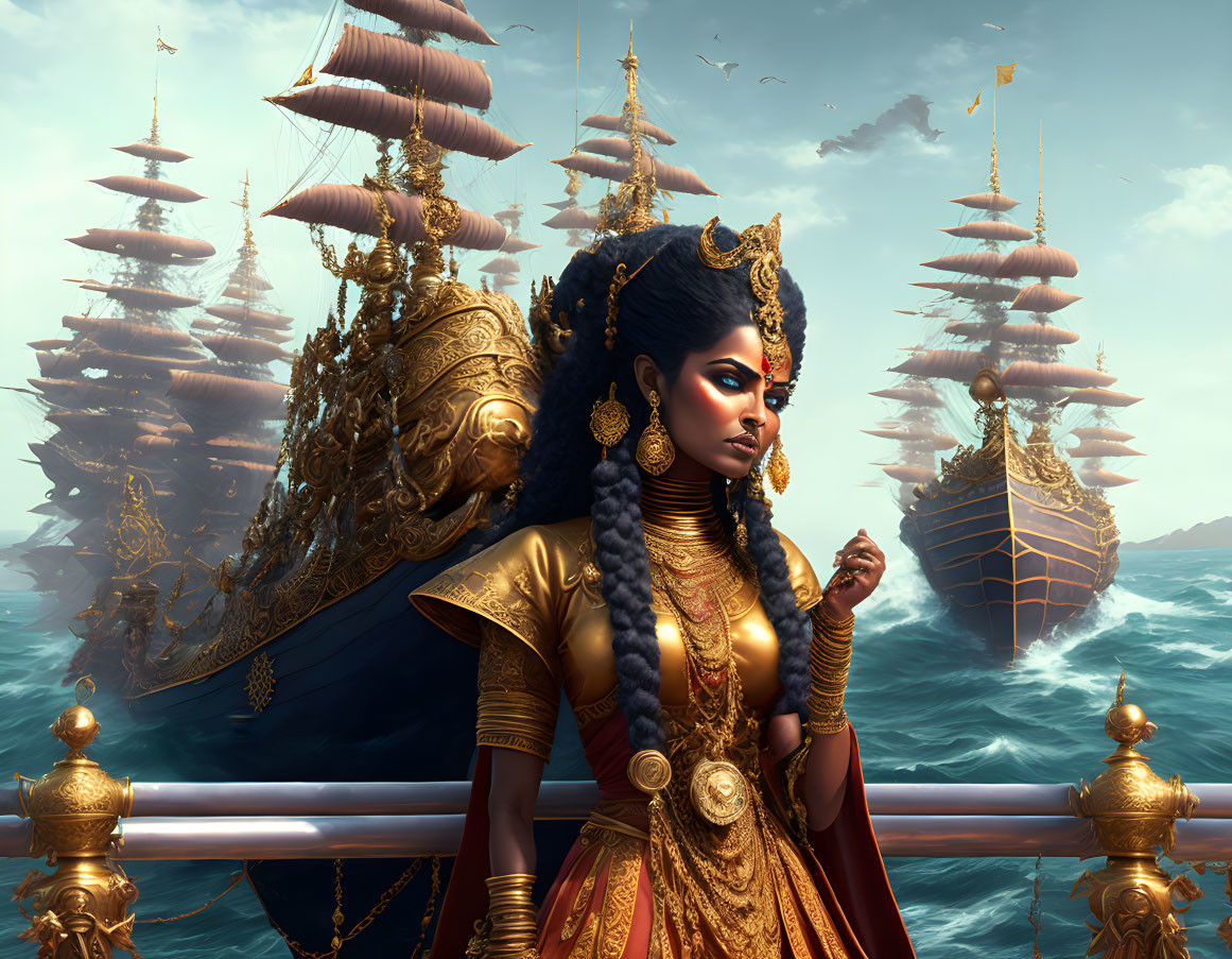 Regal Woman in Golden Attire with Majestic Ships on Turbulent Sea