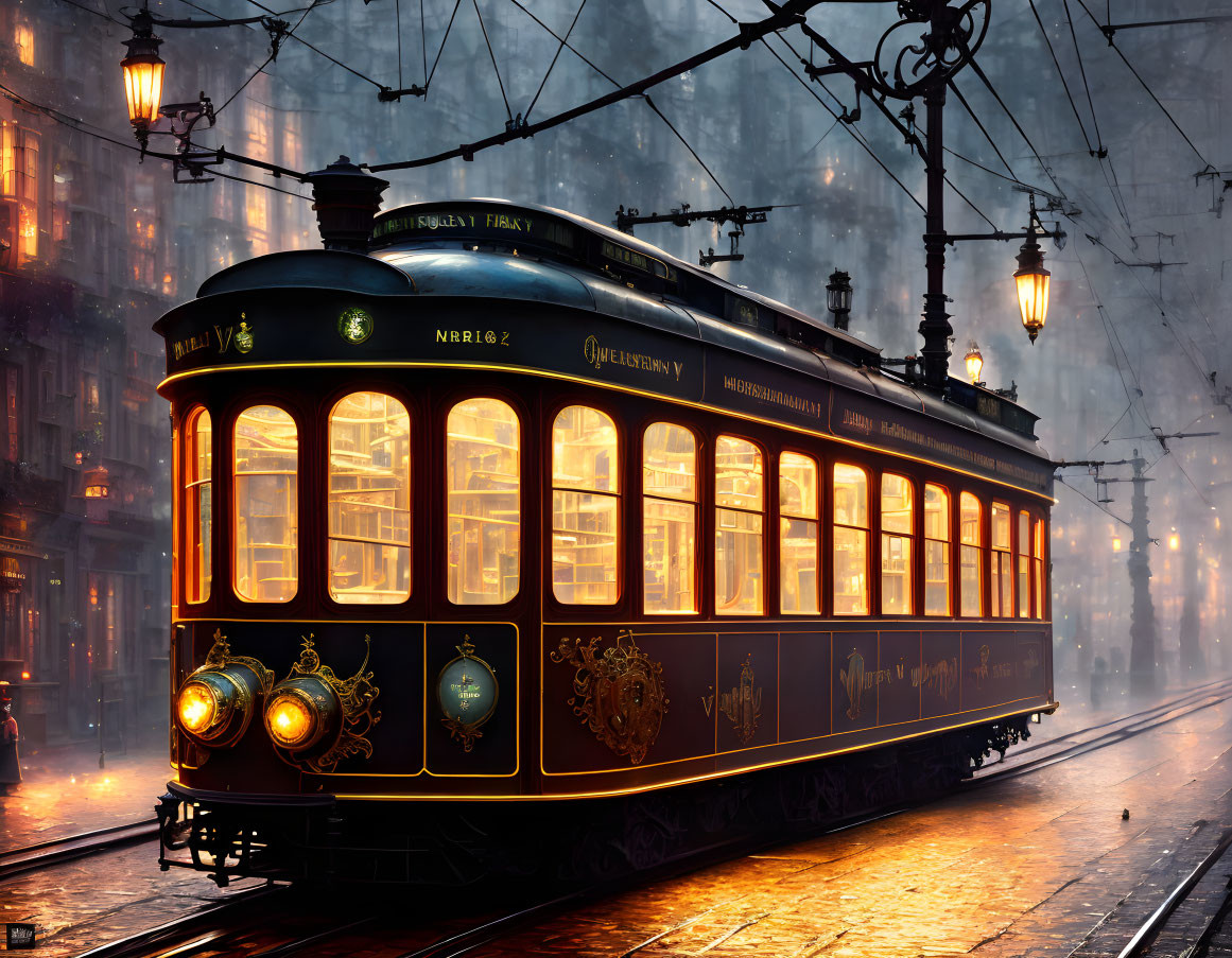 Vintage Tram on City Street at Dusk with Glowing Lights