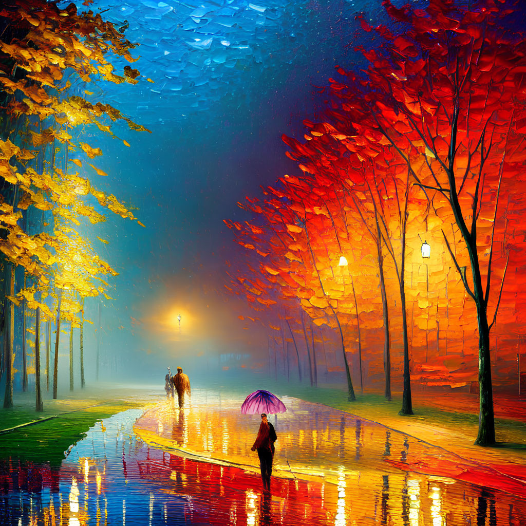 Colorful painting of person with umbrella on rain-soaked autumn path.