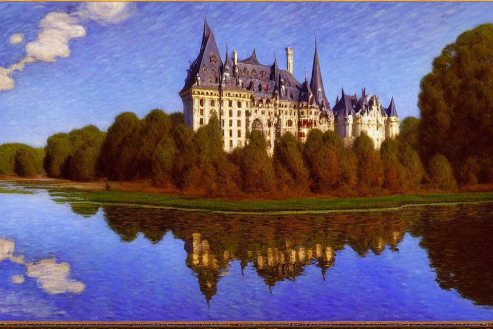 Majestic castle with spires mirrored in serene river amid lush greenery