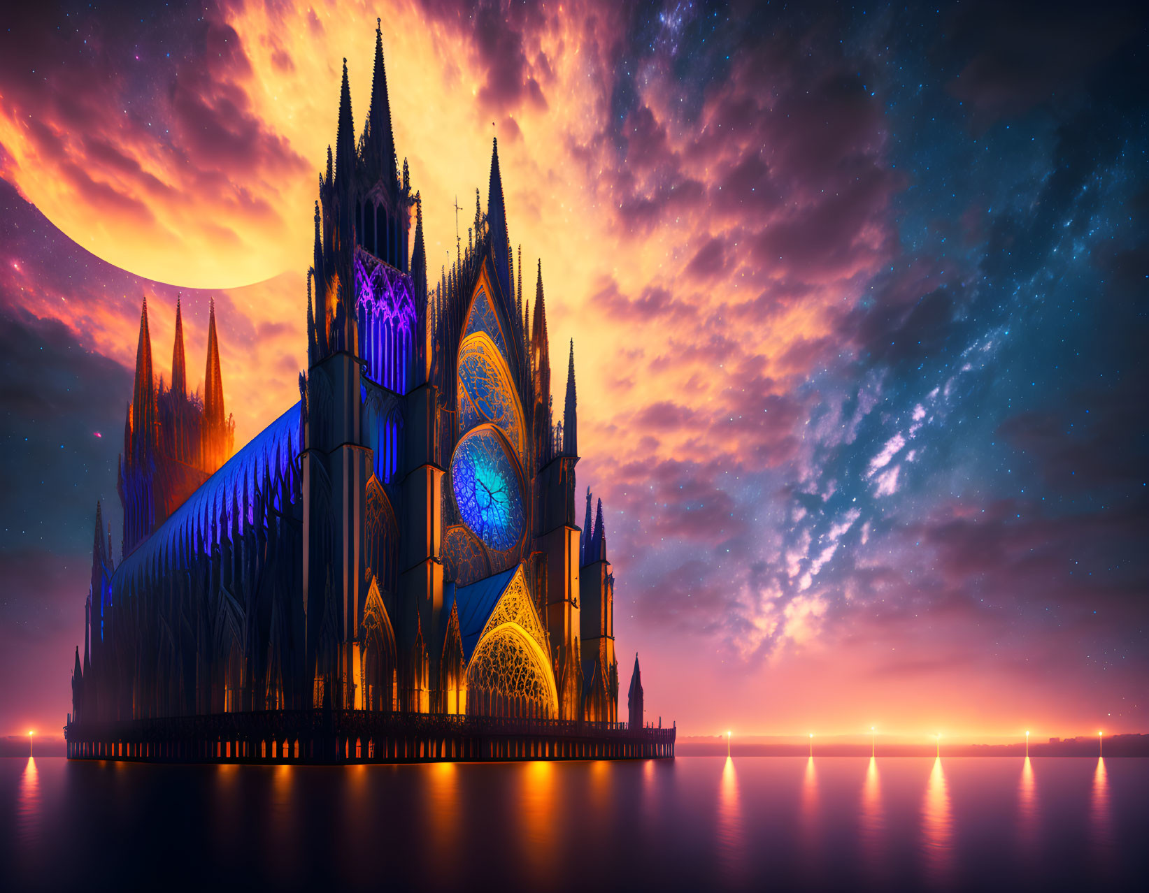 Majestic gothic cathedral with illuminated stained glass windows by calm water at dusk