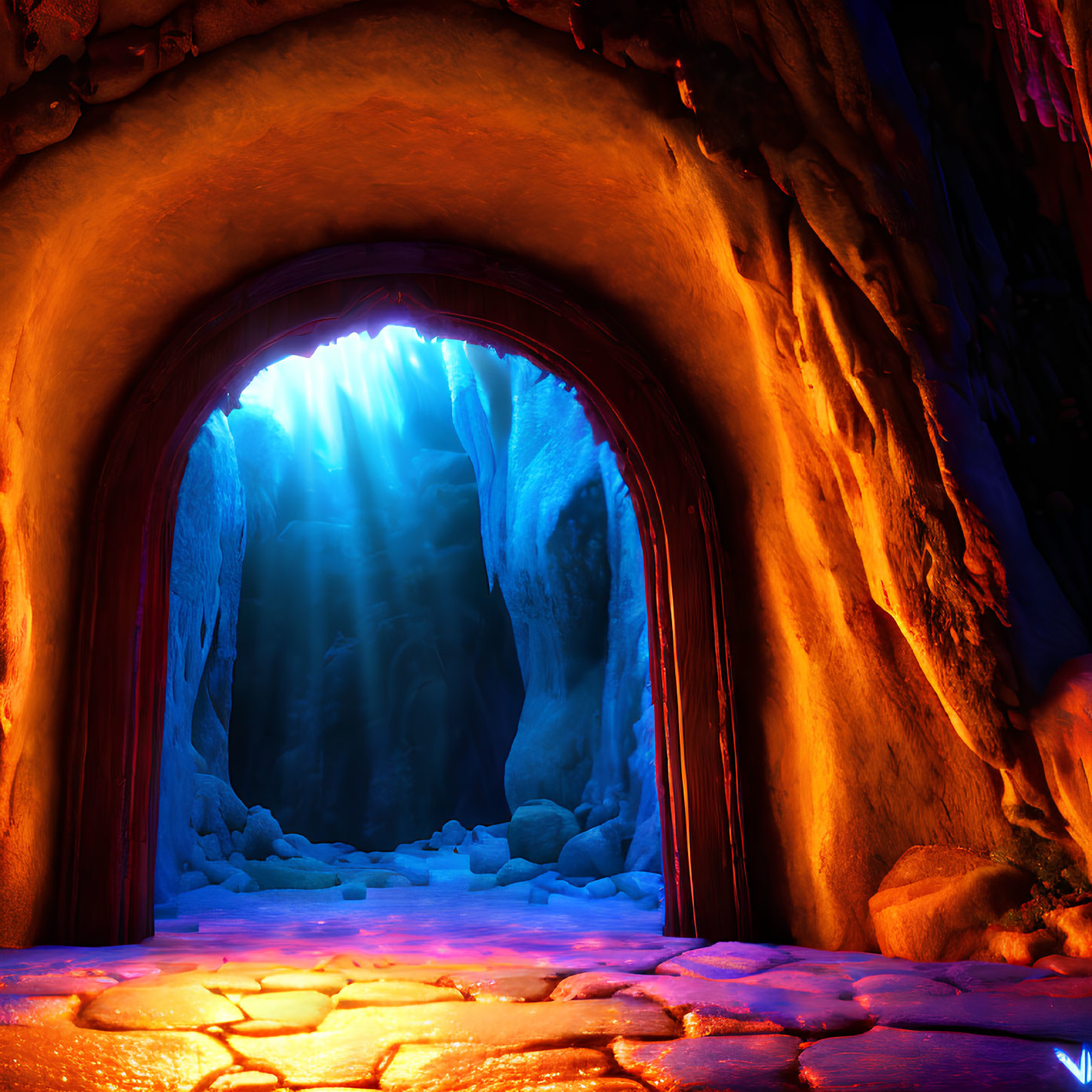 Colorful Cave with Arched Entrance and Warm-to-Cool Transition