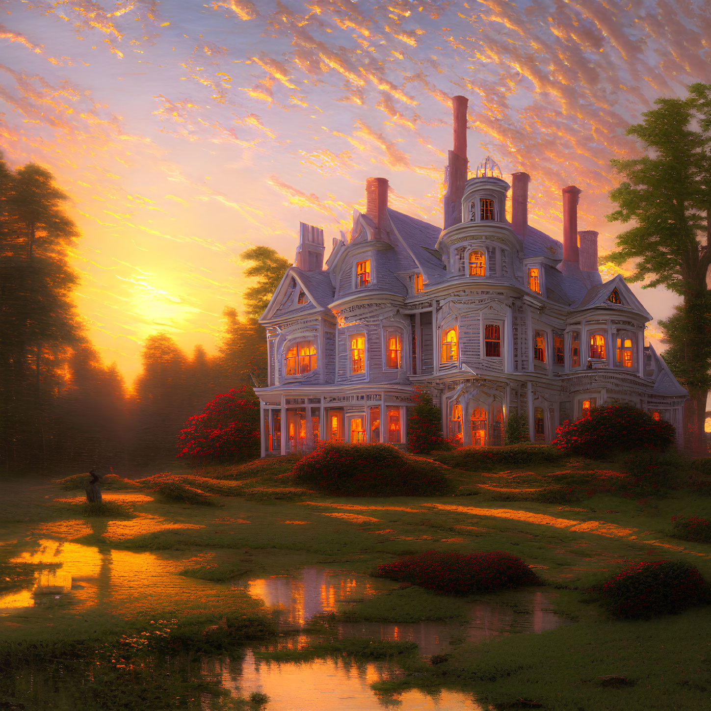 Victorian-style mansion at sunset with illuminated windows and a fishing silhouette