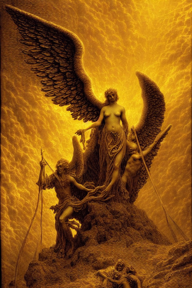 Angelic figure with large wings on rocky terrain under dramatic golden sky