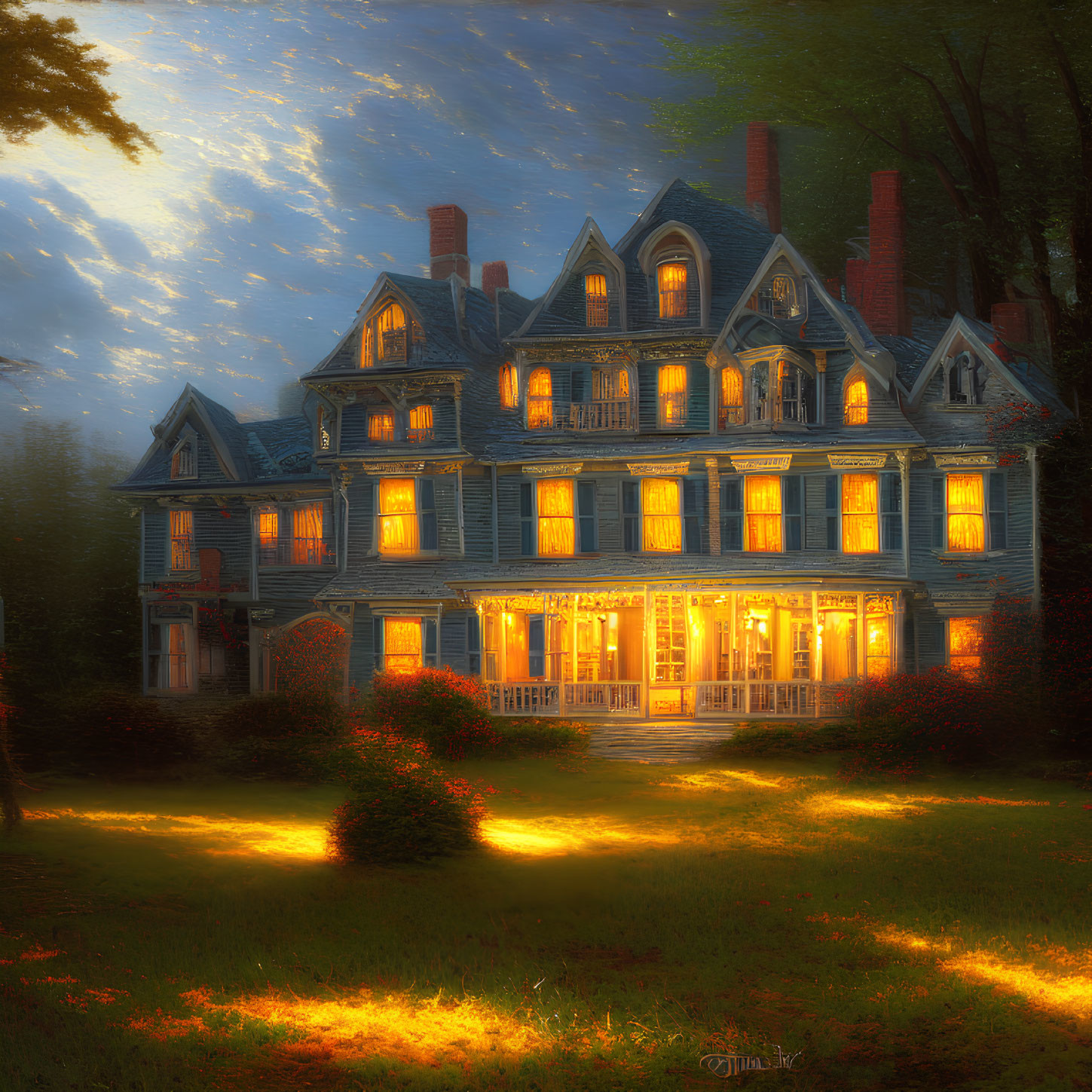 Victorian house with warm lights at twilight among starry trees