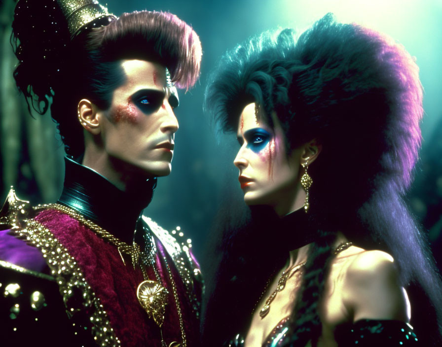 Two individuals with 80s-inspired punk hairstyles and stylized makeup in vibrant colors, don regal