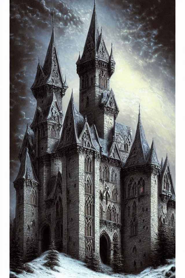 Gothic-style castle at night with illuminated windows