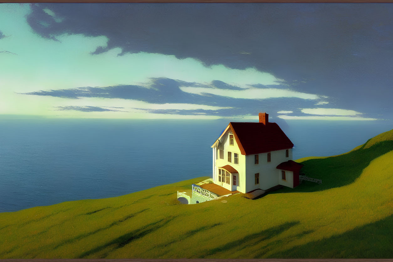 Solitary House with Red Roof on Cliff by Tranquil Sea at Twilight