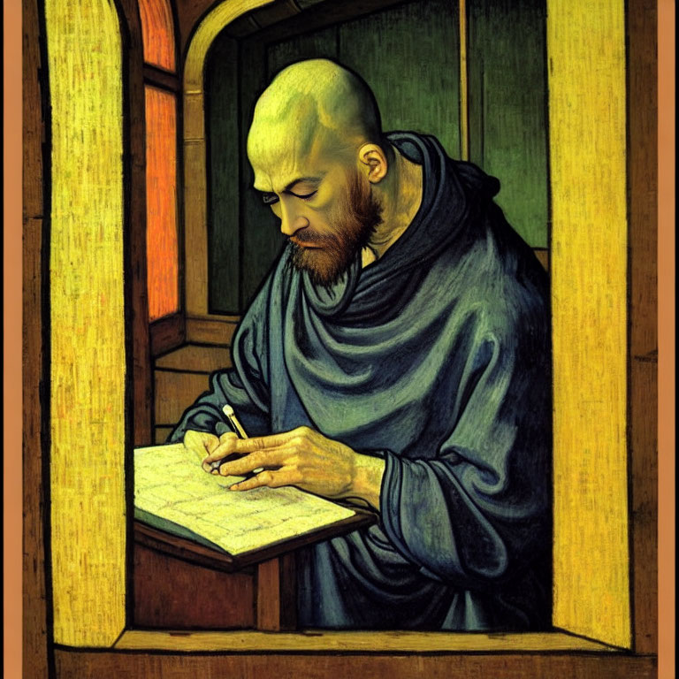 Bald, Bearded Monk in Blue Robe Writing at Desk by Green Window