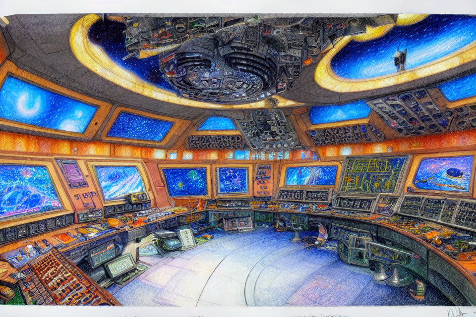 Detailed Drawing of Futuristic Spacecraft Control Room