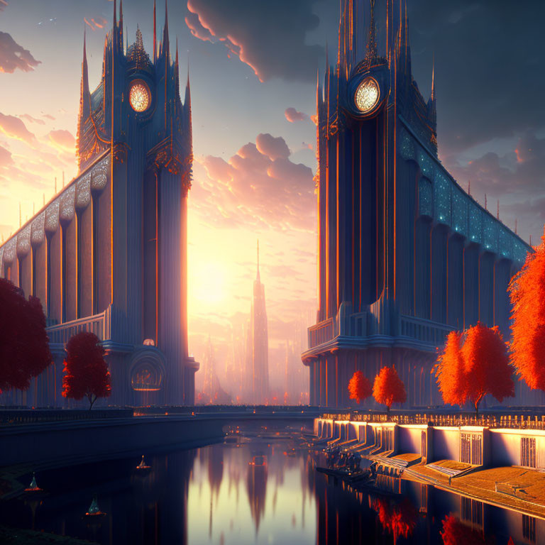 Futuristic gothic cityscape with large clocks and autumn trees by river