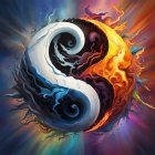 Colorful Yin-Yang Symbol with Cosmic and Fiery Elements