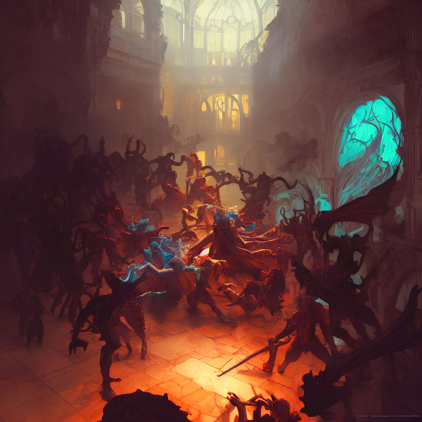 Fantasy battle scene with fighters and monsters in grand hall under glowing dome.