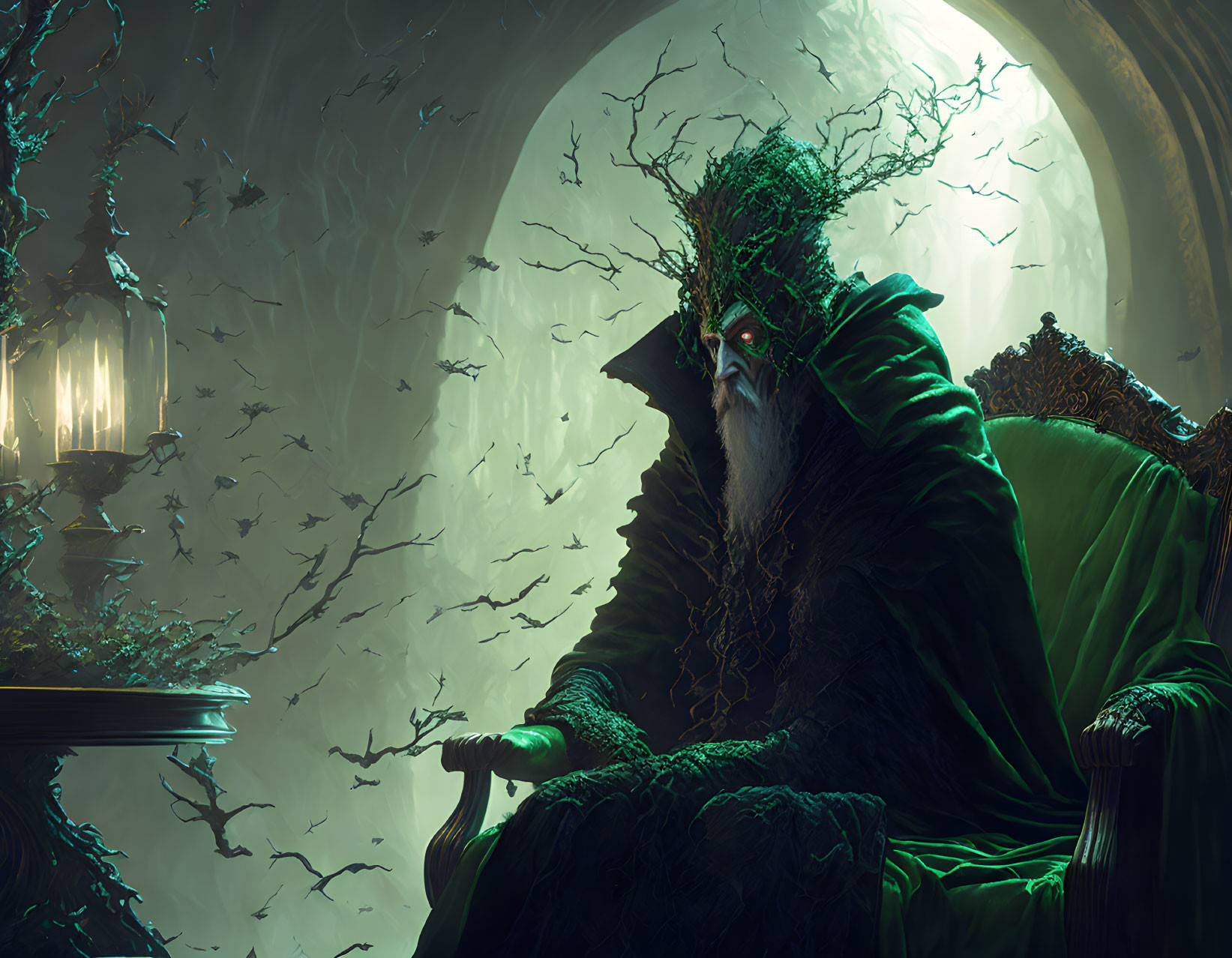 Mysterious Figure in Green Cloak Surrounded by Birds in Dimly Lit Room