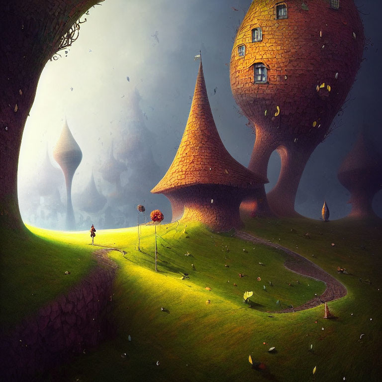 Whimsical landscape with mushroom-like towers, curving path, figure, and blowing leaves