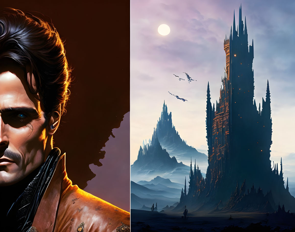 Detailed split image: Man with scar on left, fantasy castle under moonlit sky on right