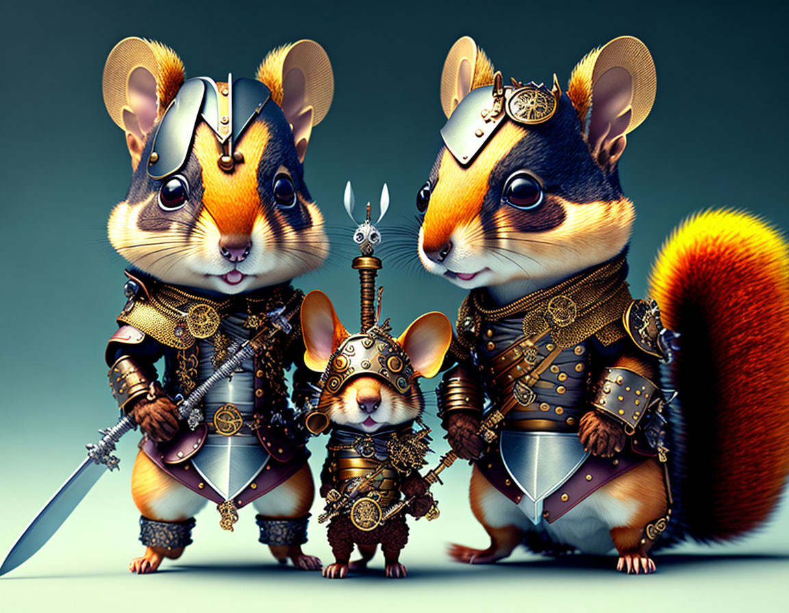 Anthropomorphic warrior squirrels in medieval armor with sword and spear.