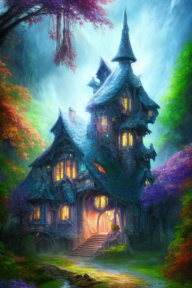 Enchanted Fantasy-style House in Ethereal Forest with Purple and Green Foliage