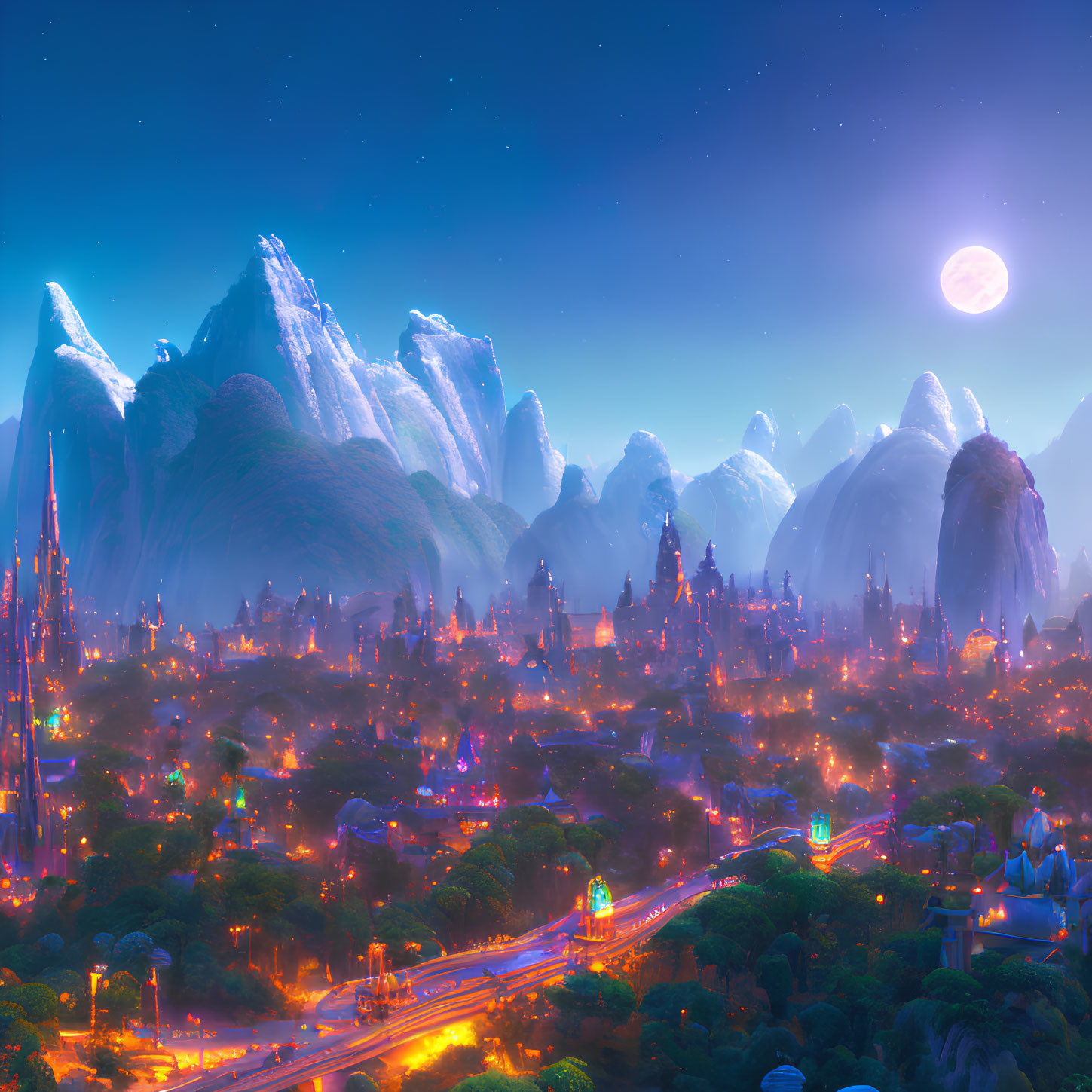 Futuristic cityscape nestled in misty mountains at night