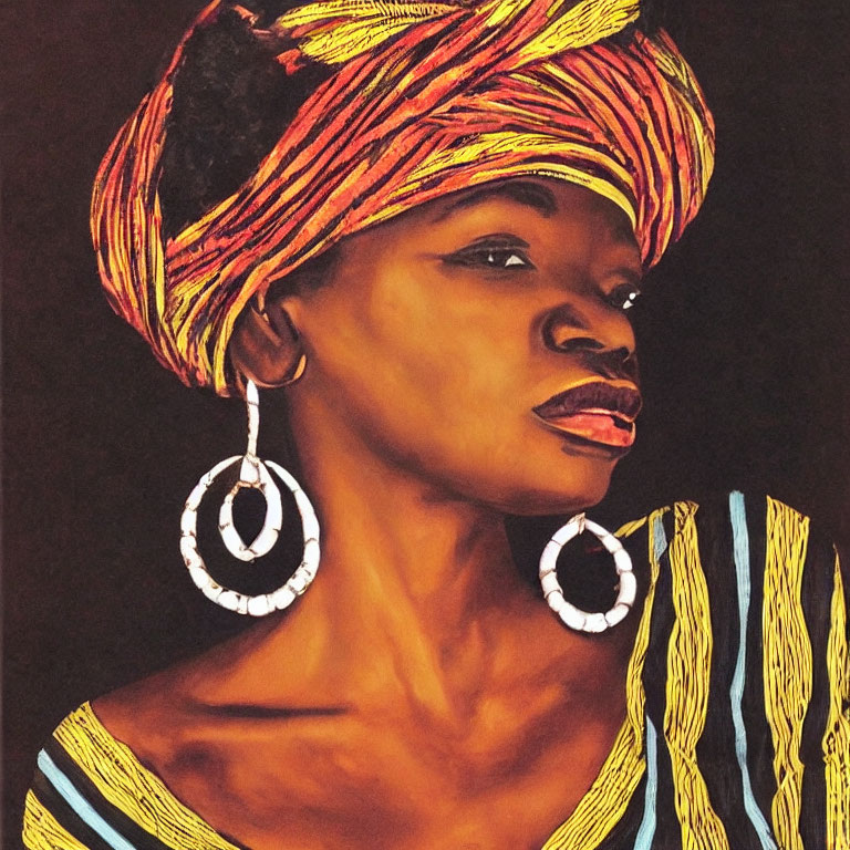 Vibrant artwork of woman in yellow and red headwrap