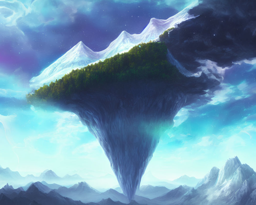 Floating Island with Forest, Snowy Peaks, Starry Sky, and Mountains