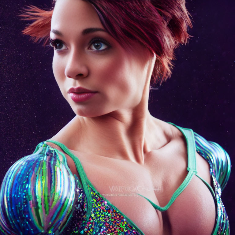 Short Red-Haired Woman in Sparkly Green Outfit on Purple Background