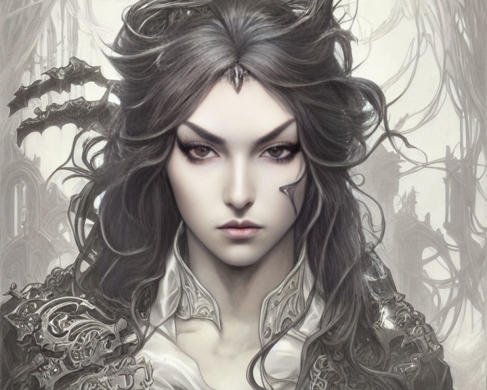 Illustrated female figure with striking eyes and ornate white armor in a fantasy gothic setting