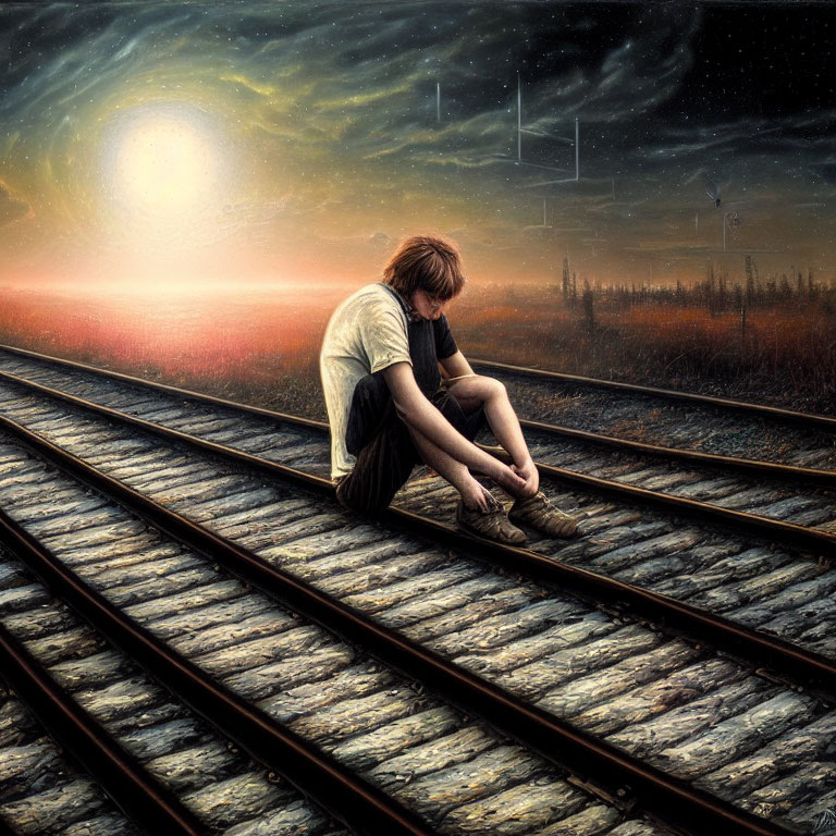 Person sitting cross-legged on railroad track under dramatic sunset