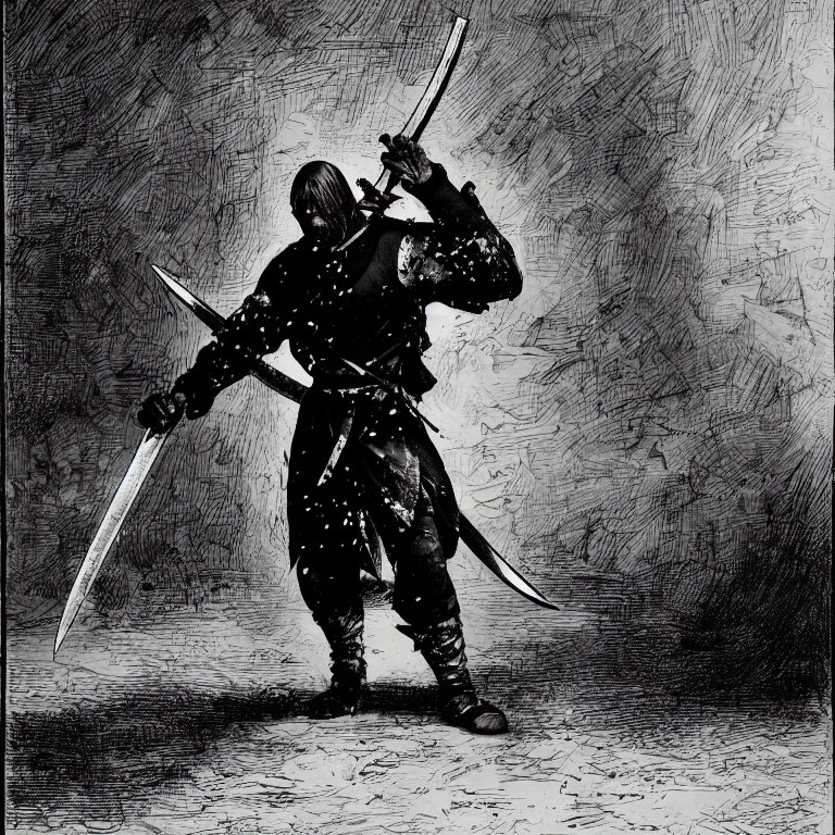 Dynamic Samurai Illustration with Two Drawn Swords in Dramatic Setting