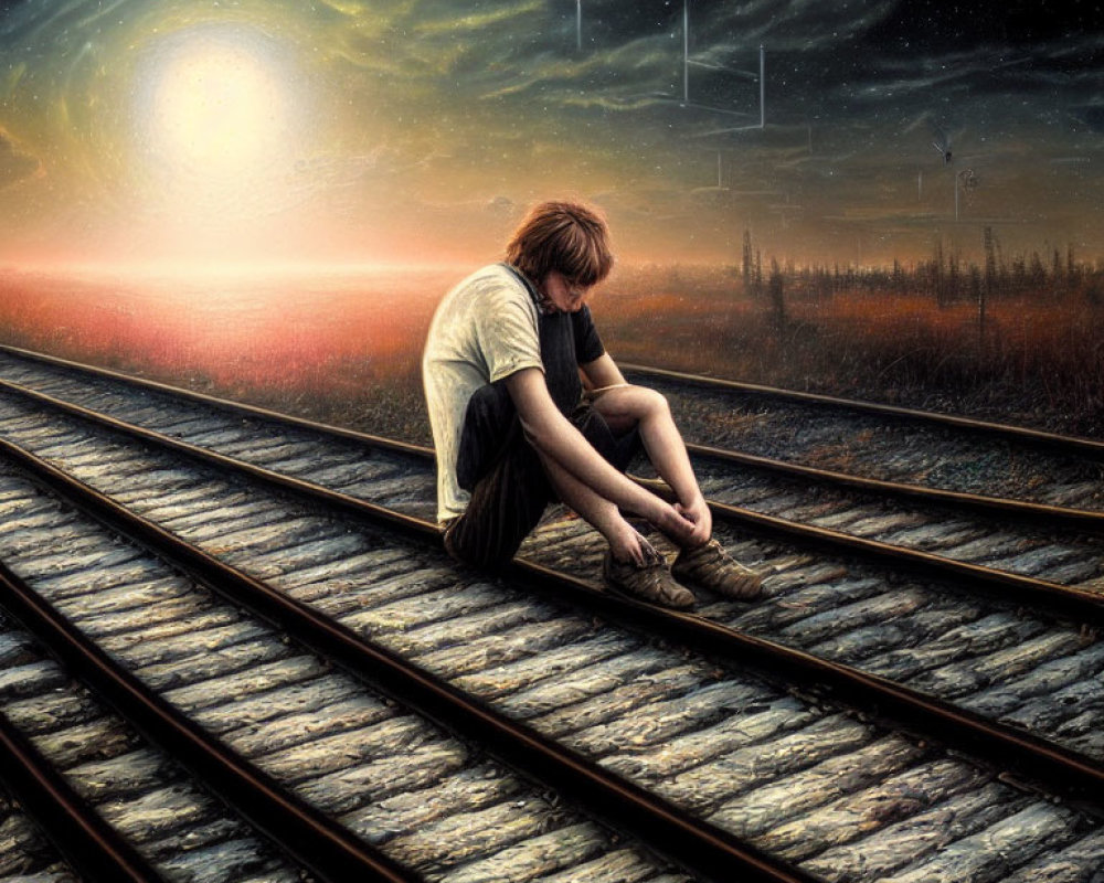 Person sitting cross-legged on railroad track under dramatic sunset