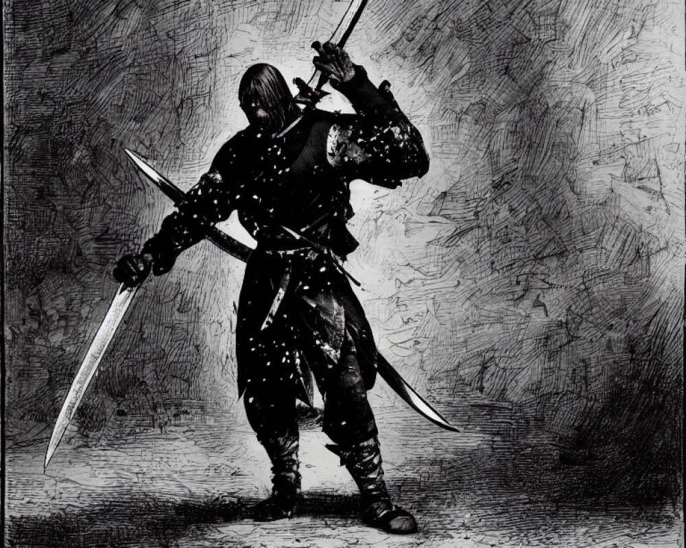 Dynamic Samurai Illustration with Two Drawn Swords in Dramatic Setting