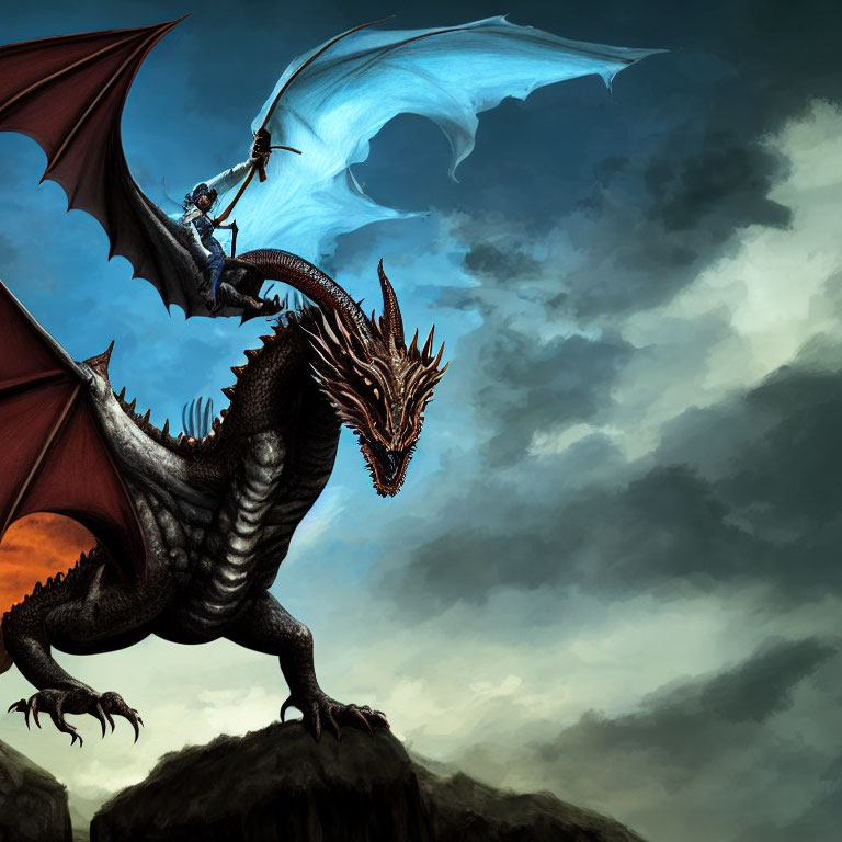 Warrior riding menacing dragon on rocky cliff under stormy sky